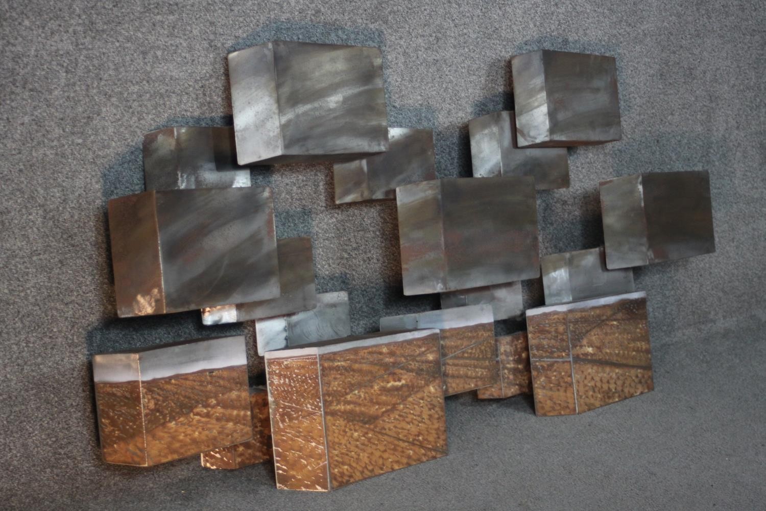 Stevens Dossou-Yovo (French b.1969) An abstract brushed raw and oxidized steel geometric sculpture - Image 3 of 7