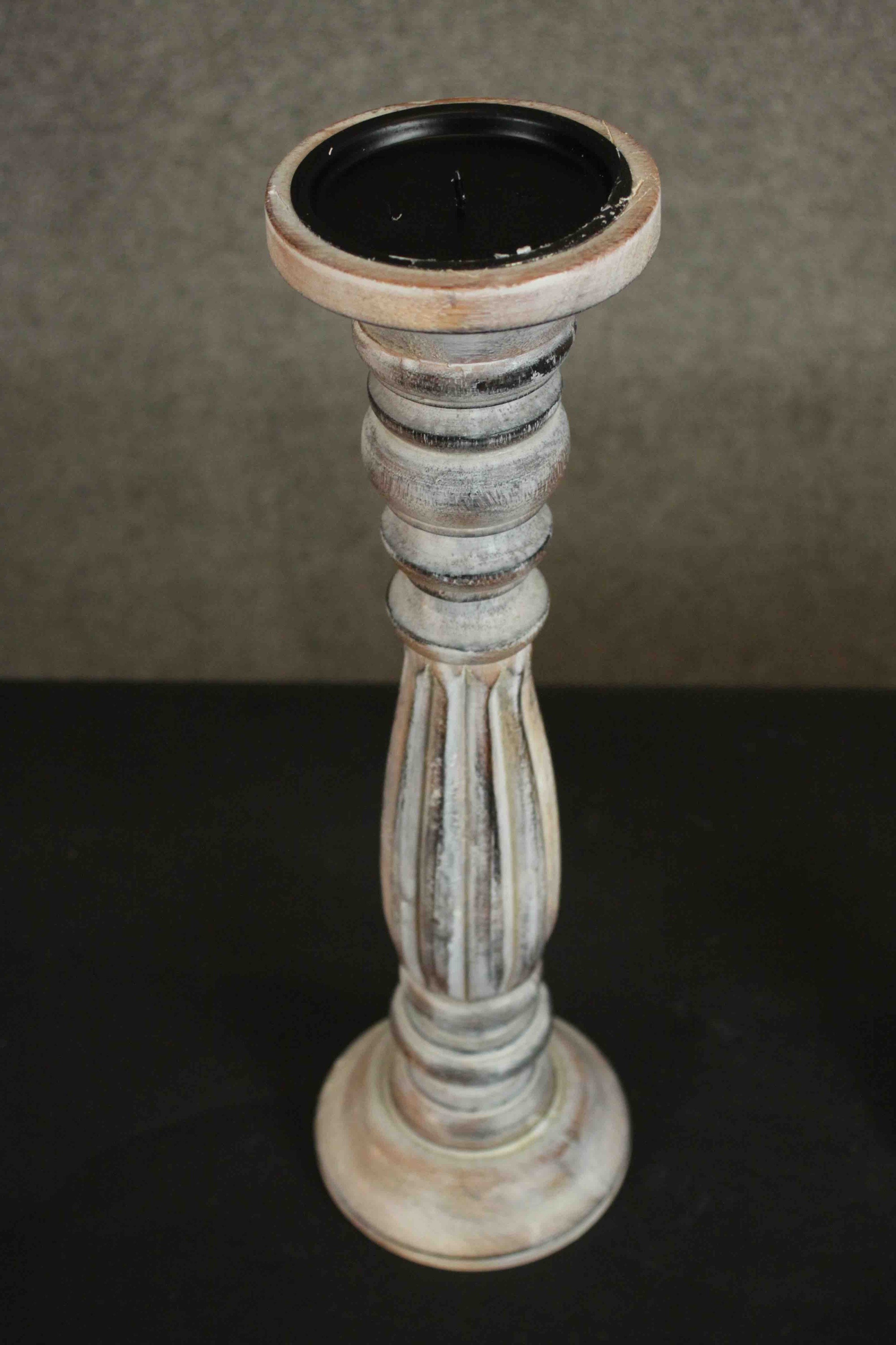 A pair of painted and distressed wood pricket candlesticks, turned and reeded. H.44 Dia.13cm. - Image 3 of 4