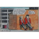 Martin Rowson (b.1958, British), Citizen Test, two school children by a brick wall, an original