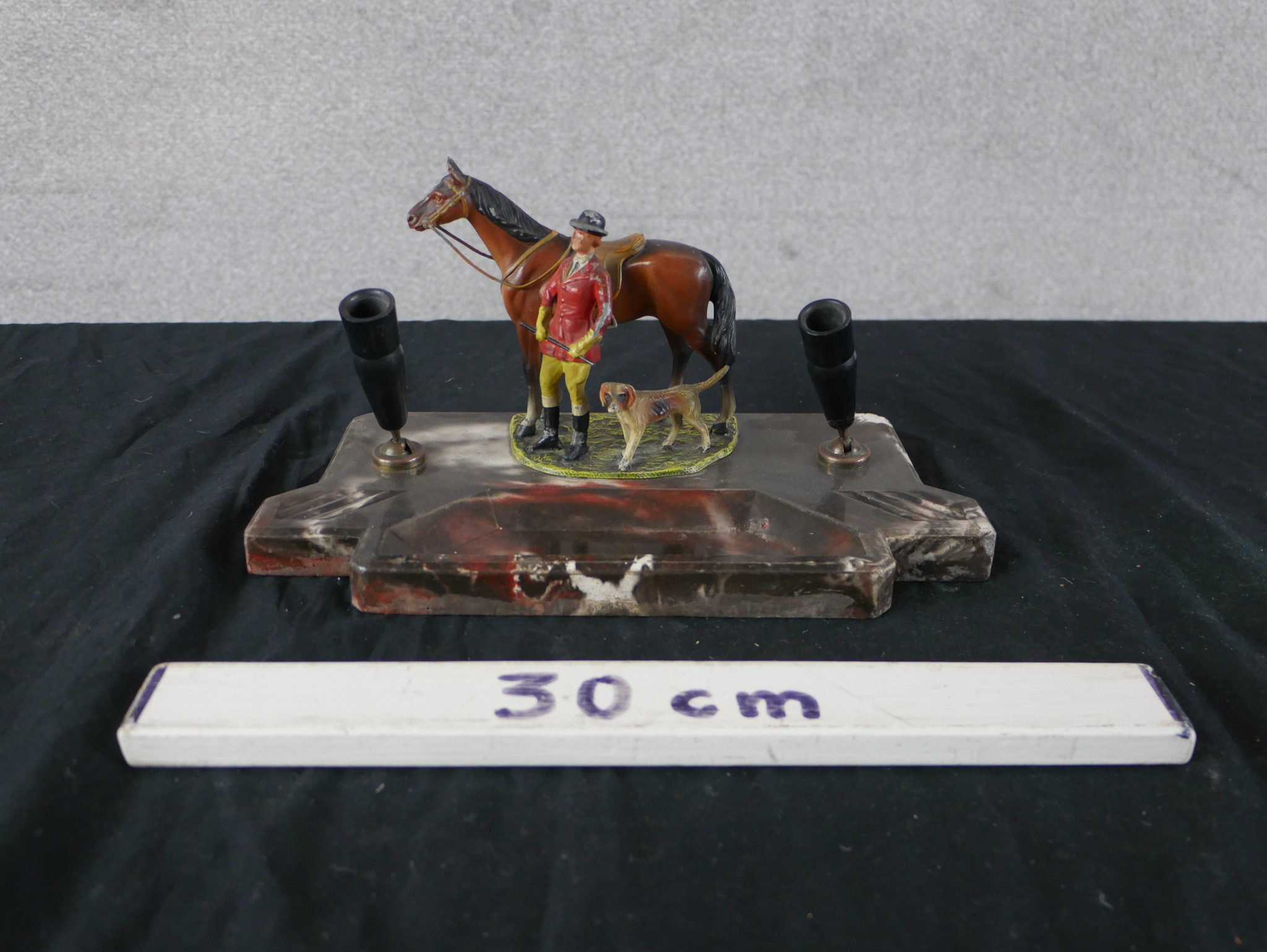 An Art Deco marble desk stand/pen stand mounted with a painted horse and rider. H.14 W.27 D.24cm - Image 2 of 3