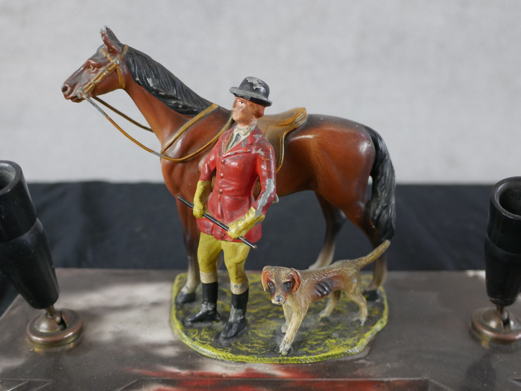 An Art Deco marble desk stand/pen stand mounted with a painted horse and rider. H.14 W.27 D.24cm - Image 3 of 3