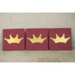 Contemporary, gold painted crowns, each on purple background, a set of three unframed oil on
