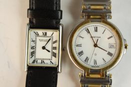 A Searle & Co gentlemen's wristwatch, the rectangular white dial with black Roman numerals on a