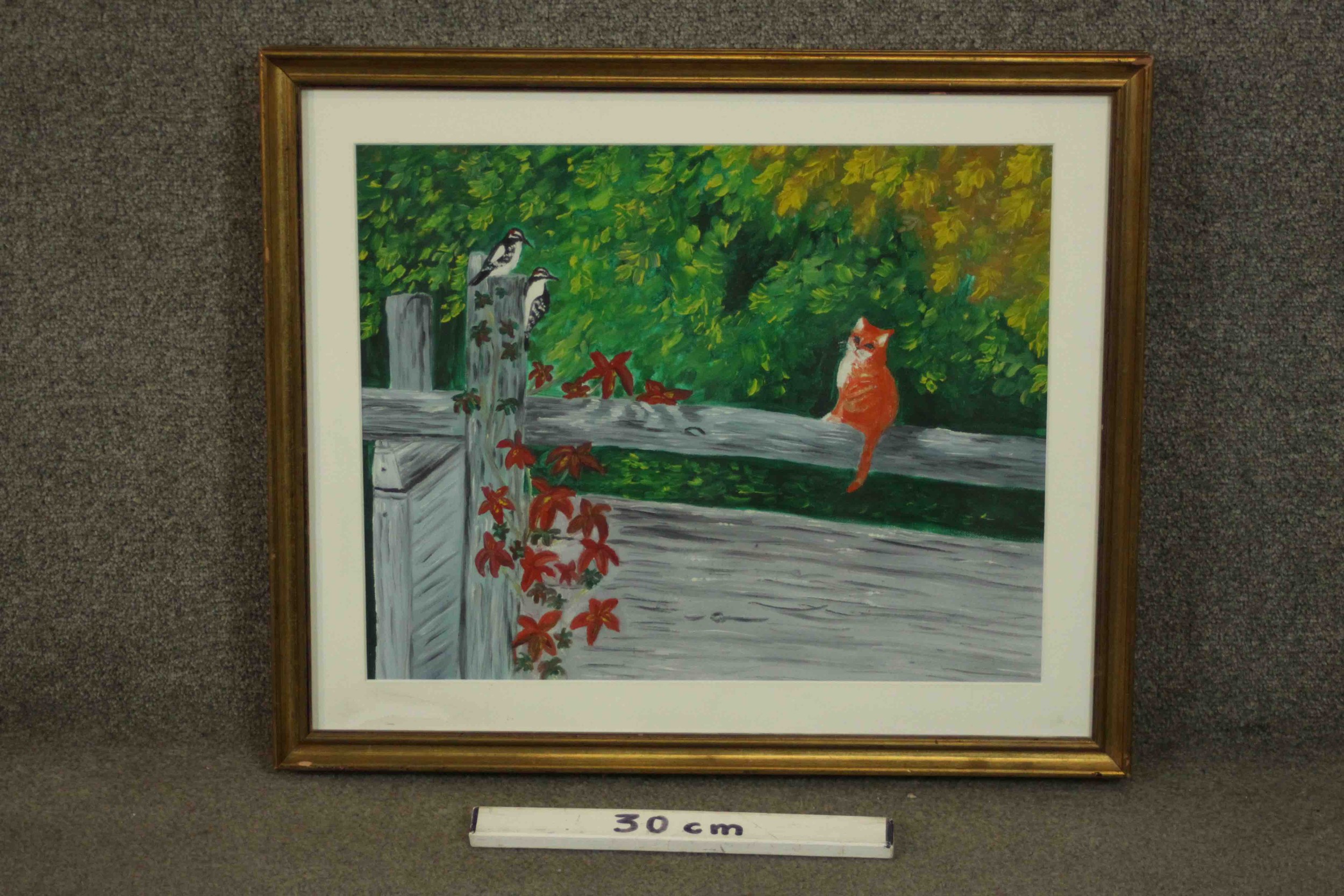 A framed oil on canvas of a ginger cat on a garden fence with woodpecker, unsigned. H.54 W.63cm. - Image 3 of 7