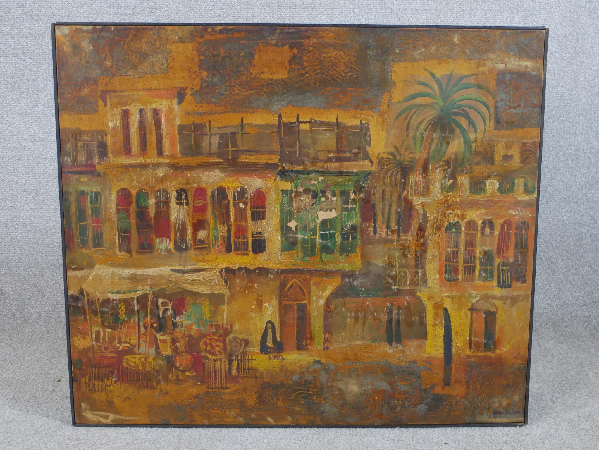 20th century lraqi school, Old Baghdad, oil on canvas, framed. H.60 W.70cm - Image 3 of 4