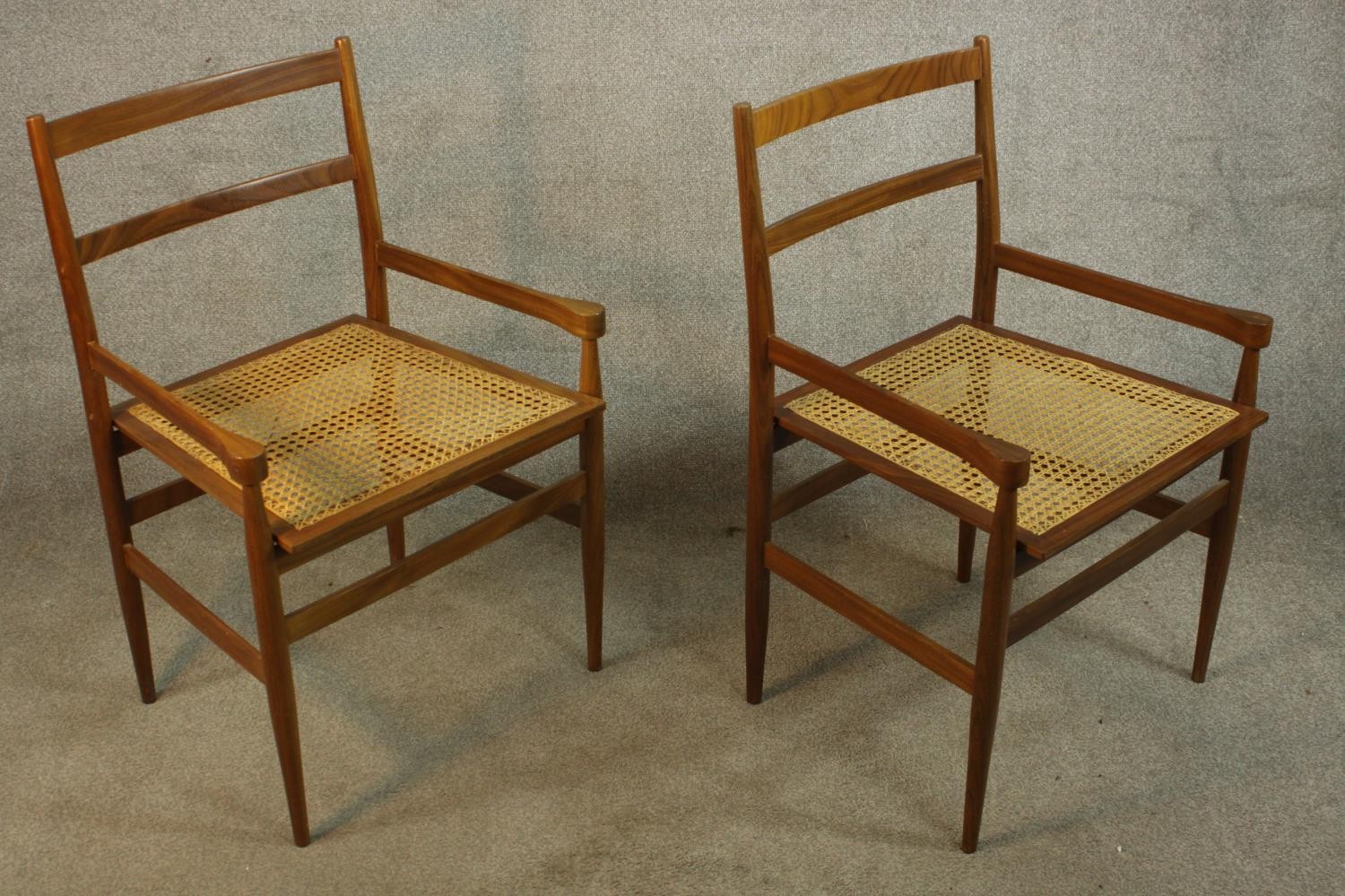 A pair of mid 20th century beech framed ladder back carver dining chairs with cane seats, raise - Image 2 of 8