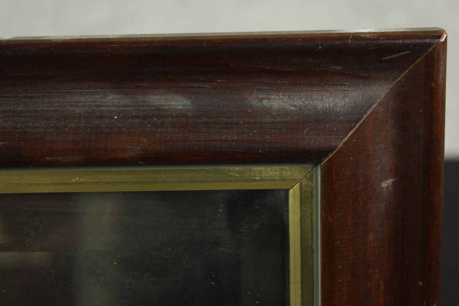 A 20th century stained mahogany rectangular and gilt framed wall hanging mirror. H.101 W.86cm. - Image 7 of 8