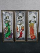 Three painted mirrors after Alphonse Mucha (1860-1939, Czech) depicting three out four seasons, each