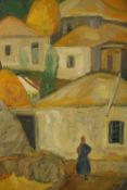 20th century Russian school, woman standing in a village, oil on canvas, unsigned, framed and