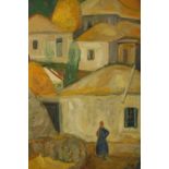 20th century Russian school, woman standing in a village, oil on canvas, unsigned, framed and