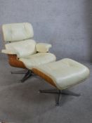 After Charles and Ray Eames for Herman Miller. Rosewood and white leather 670 lounge chair and 671