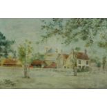 H L Linton (19th century) countryside village amongst trees, watercolour on paper, framed. H.39 W.