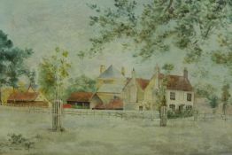 H L Linton (19th century) countryside village amongst trees, watercolour on paper, framed. H.39 W.