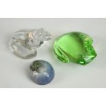 A collection of glass and porcelain frogs, including a Baccarat crystal frog etched mark with