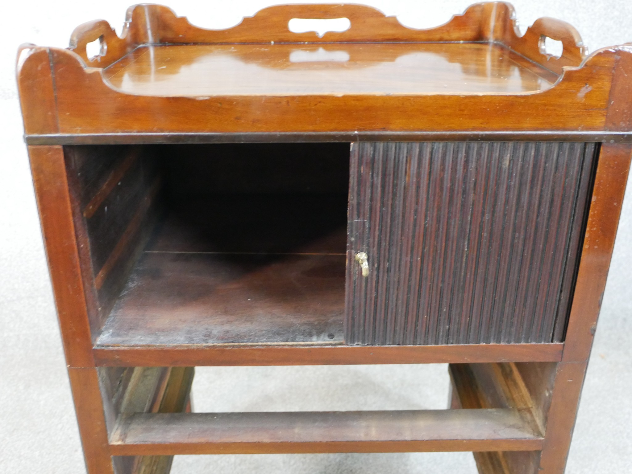 A George III mahogany tambour fronted tray top commode, raised on square tapering supports. H.77 W. - Image 4 of 6