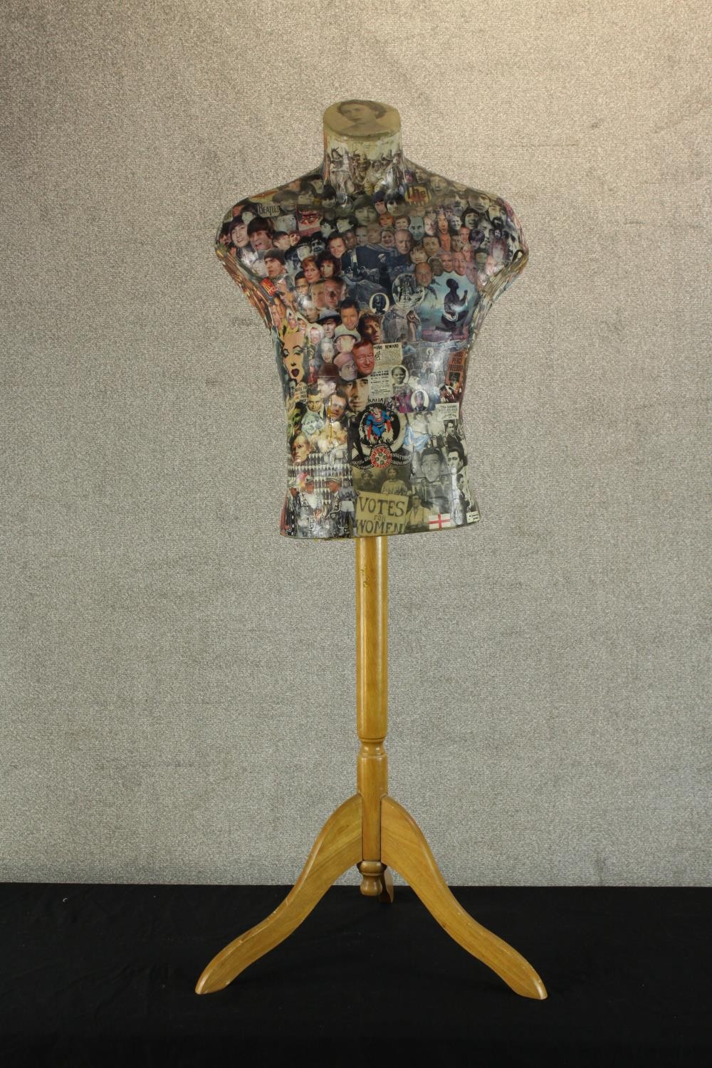 Foxy (Contemporary), a three dimensional collage mannequin with applied photographs raised on tripod