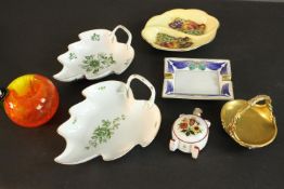 A collection of ceramics and glass, including a porcelain Franklin Mint Faberge Spring Egg Basket, a
