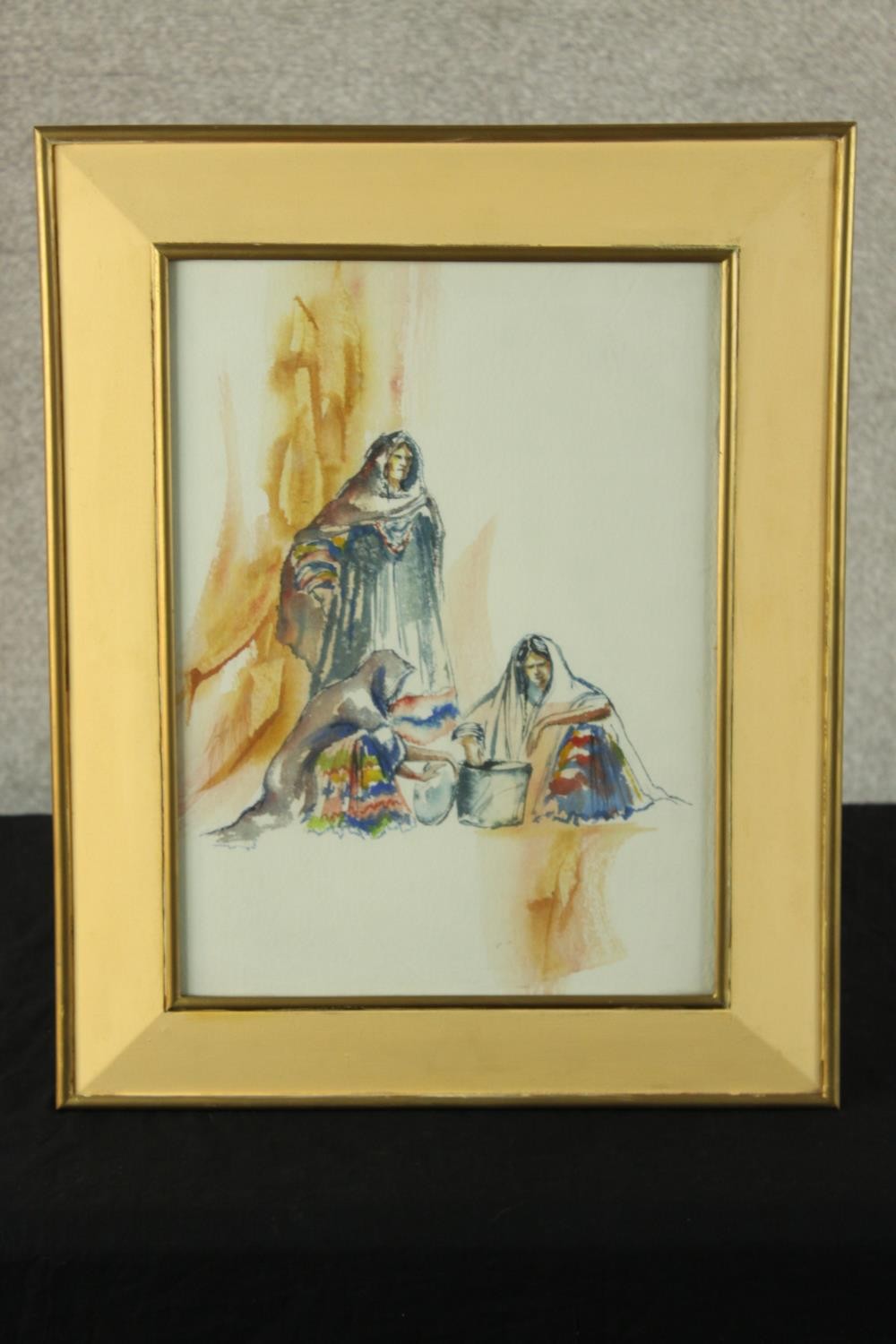 A 20th century, women cooking, watercolour on paper, framed and signed. H.51 W.41cm. - Image 2 of 5