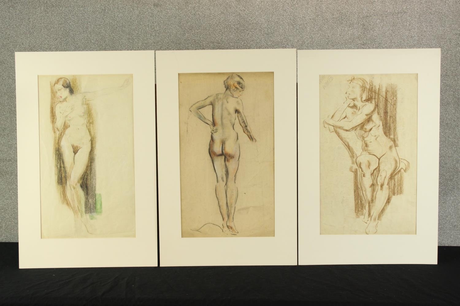 Late 19th/early 20th century, three nude pencil drawings of females, each on paper and unframed. H.