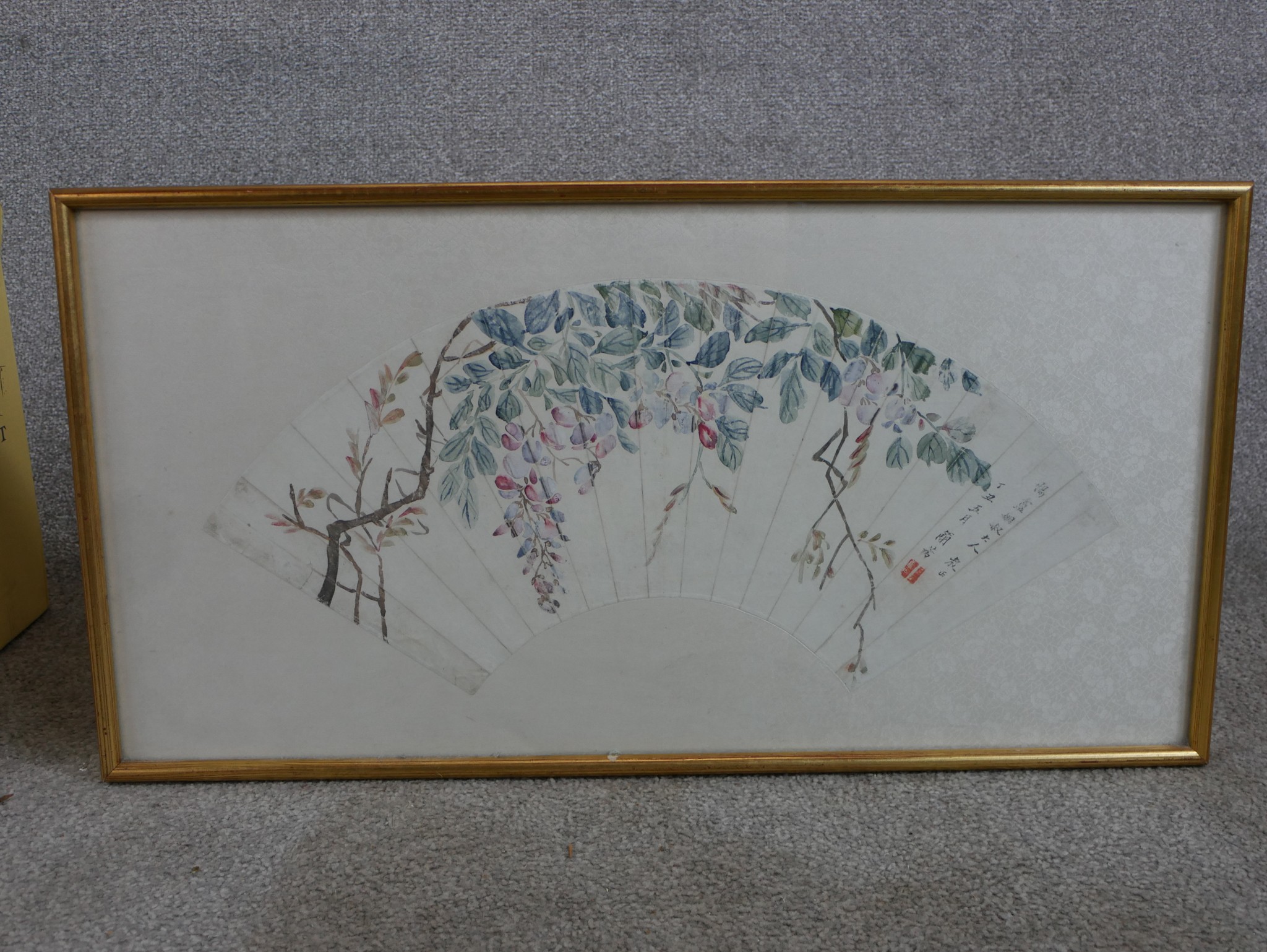 A 20th century hand coloured Japanese fan, with calligraphy and seal mark, framed. H.34 W.64 - Image 2 of 3