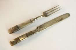 A George VI hallmarked silver bladed and grey agate handled knife and fork, London 1926. L.19cm. (