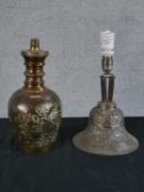A 20th century cast brass hookah lamp base, together with a 20th century North Iraqi copper lamp H.