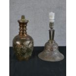 A 20th century cast brass hookah lamp base, together with a 20th century North Iraqi copper lamp H.