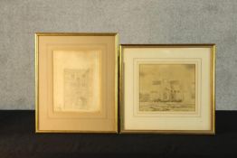 A late 19th century, two pencil Architectural drawings on paper, one of a castle tower, other of a