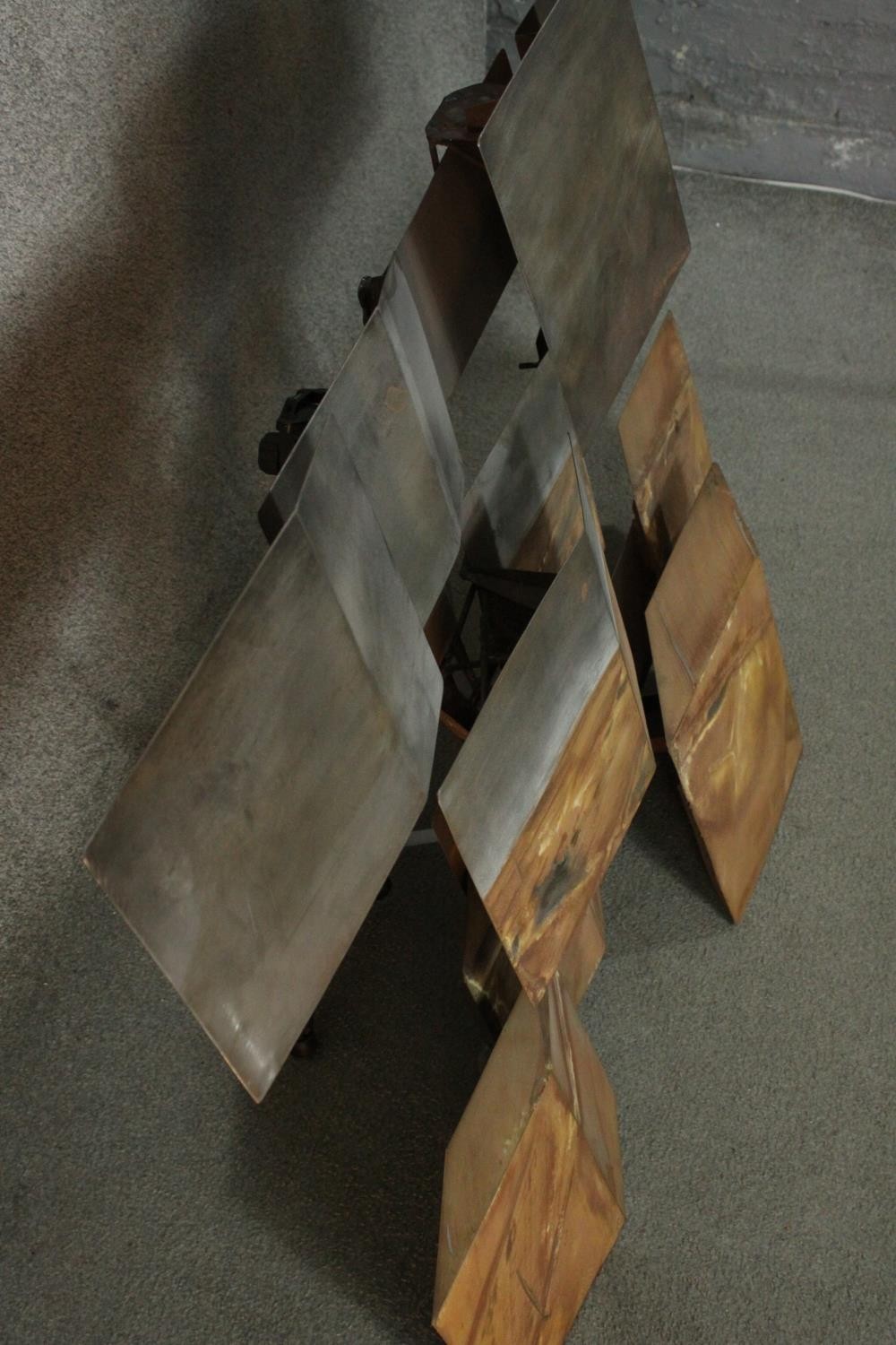 Stevens Dossou-Yovo (French b.1969) An abstract brushed raw and oxidized steel geometric sculpture - Image 3 of 9