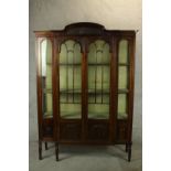 An early 20th century mahogany breakfront twin door display cabinet, with carved blind cornice and