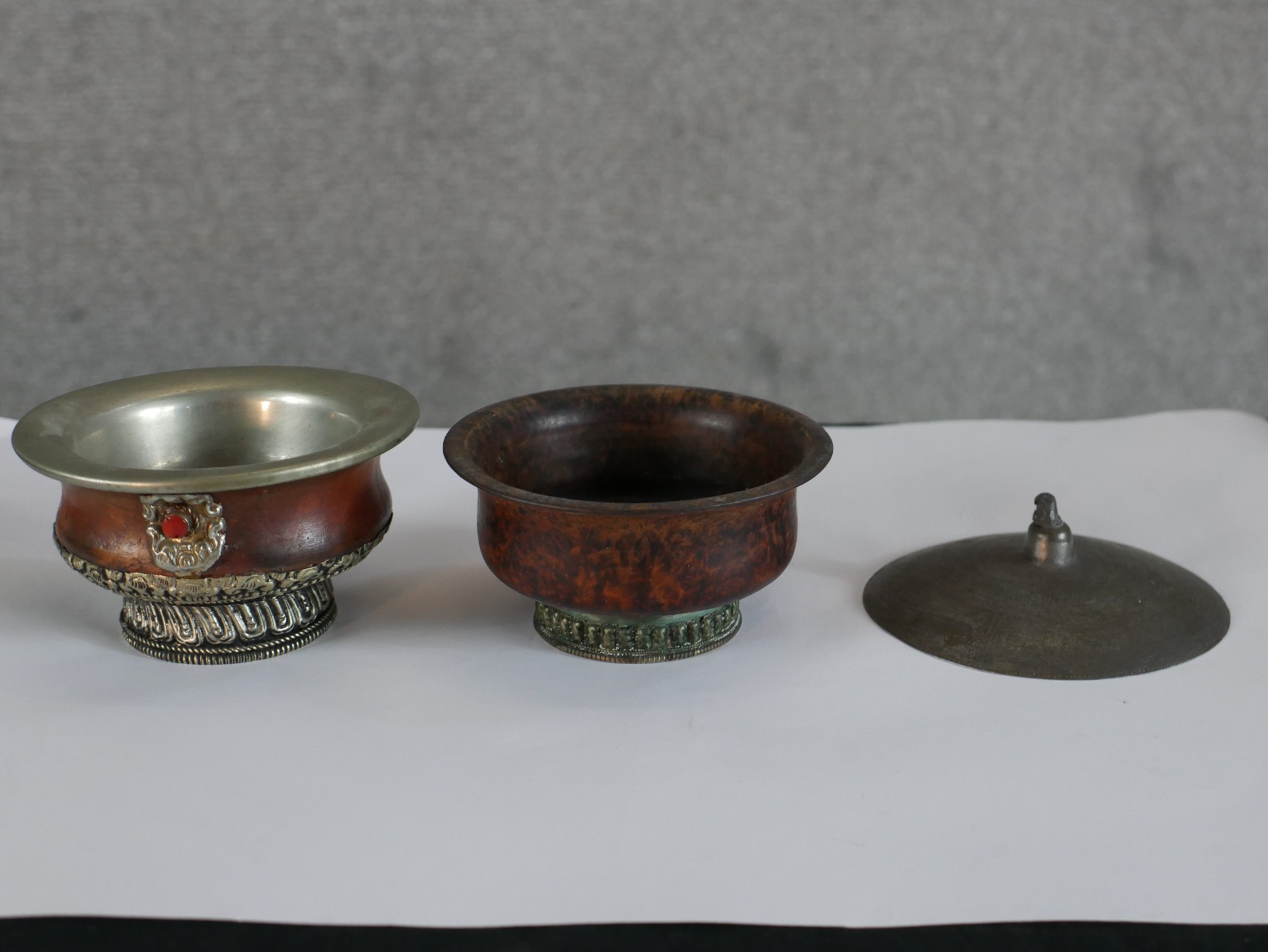 A late 19th/early 20th century Tibetan white metal mounted ritual bowl together with lidded 19th/ - Image 2 of 3