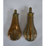 Two late 19th/early 20th century James Dixon & Sons embossed copper and brass powder flasks. H.21