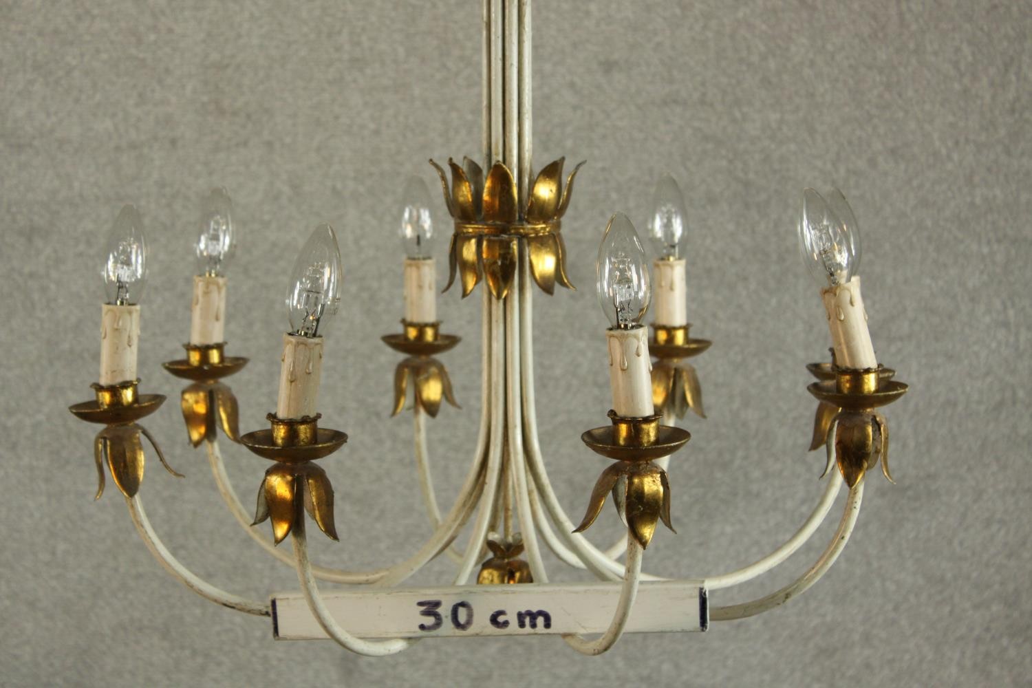 A contemporary painted metal eight branch hanging electrolier with gilt metal mounts. H.66cm. - Image 2 of 4