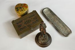 A 20th century Arabic brass rectangular box decorated with Arabic script, together with an Indian