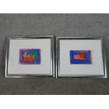 A 20th century, abstracts, two watercolours on papers, unsigned and framed. H.37 W.43cm