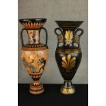 After the Antique, two 20th century classical Greek twin handled painted terracotta urns, raised