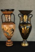 After the Antique, two 20th century classical Greek twin handled painted terracotta urns, raised