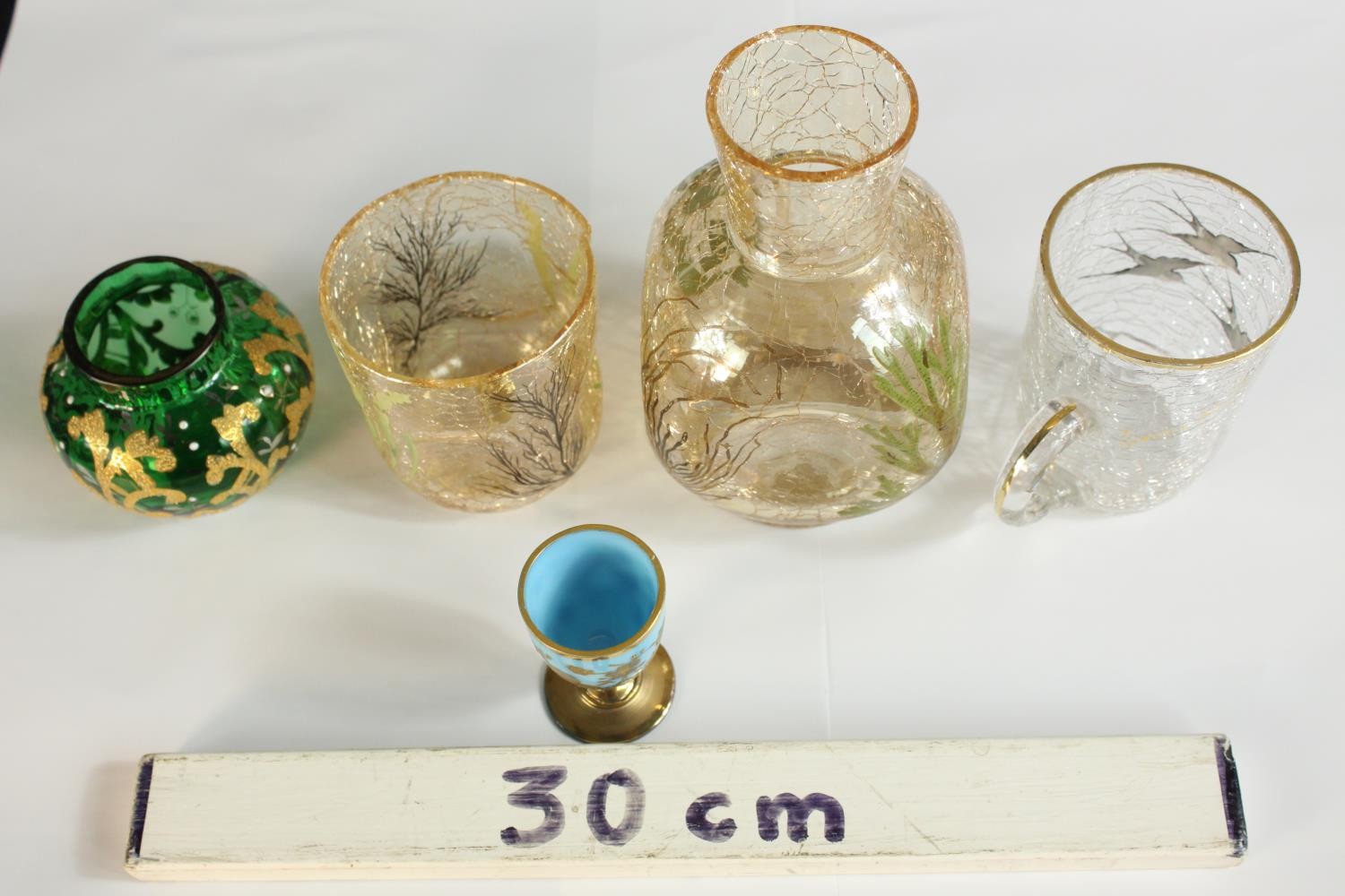 Three pieces of 20th century crackle glass, together with a green Bohemian glass and gilt painted - Image 2 of 12