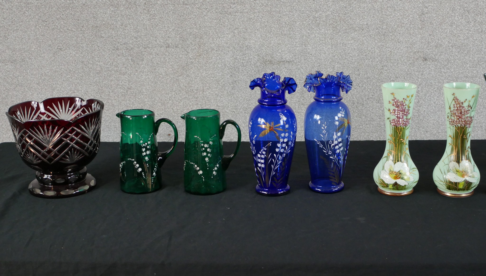 Assorted glassware to include a pair of early 20th century carnival glass vases, a pair of green - Image 2 of 3