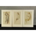 Late 19th/early 20th century, three nude watercolours of females, each on paper, each unframed. H.66
