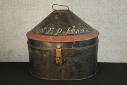 A 19th century painted metal hat box presented Captain E. P. Johnson. H.38 W.40cm.