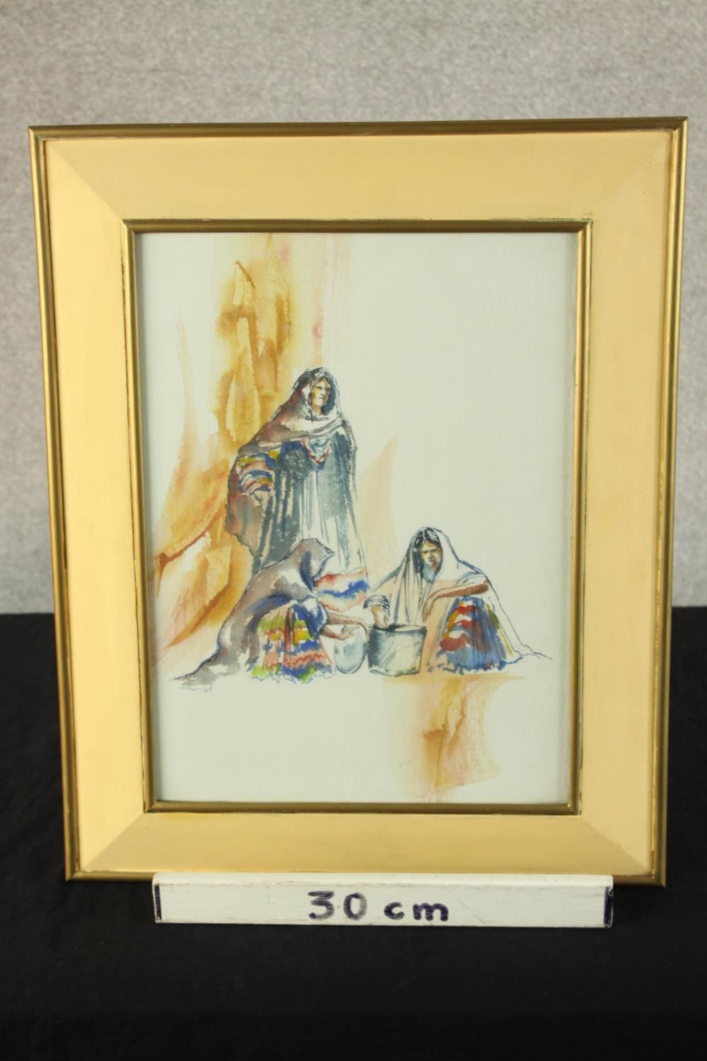 A 20th century, women cooking, watercolour on paper, framed and signed. H.51 W.41cm. - Image 3 of 5