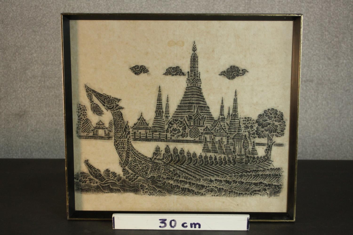 A framed and glazed Thai temple charcoal rubbing on rice paper of the Thai Royal barge sailing - Image 3 of 5