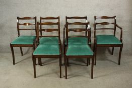 A set of six Regency style mahogany framed bar back dining chairs with green Dralon seats raised