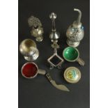 A collection of Indian an Oriental items, including two rose water sprinklers, three silver plated