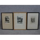 Three 20th century black and white etchings of various buildings to include Florence Page (1889-