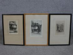 Three 20th century black and white etchings of various buildings to include Florence Page (1889-