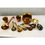 Assorted mid/ late 20th century Russian lacquer items to include spoons, eggs and cache pots