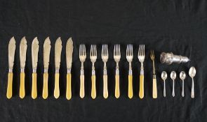 A set of early 20th century silver collared and ivorine handled fish knives and forks, together with