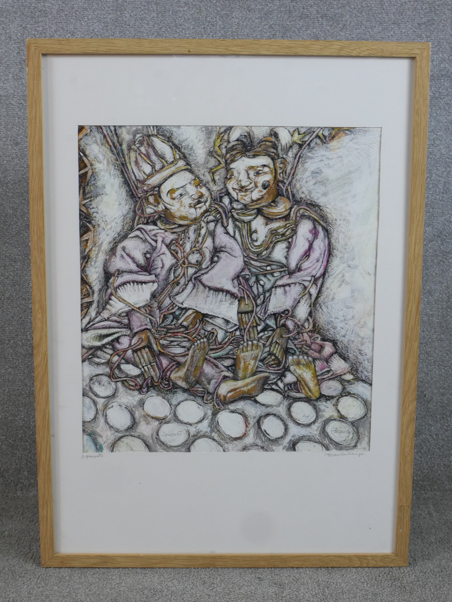Hilary Beauchamp (Contemporary) 2 Puppets mixed media on paper, pencil signed and framed. H.88 W. - Image 2 of 6